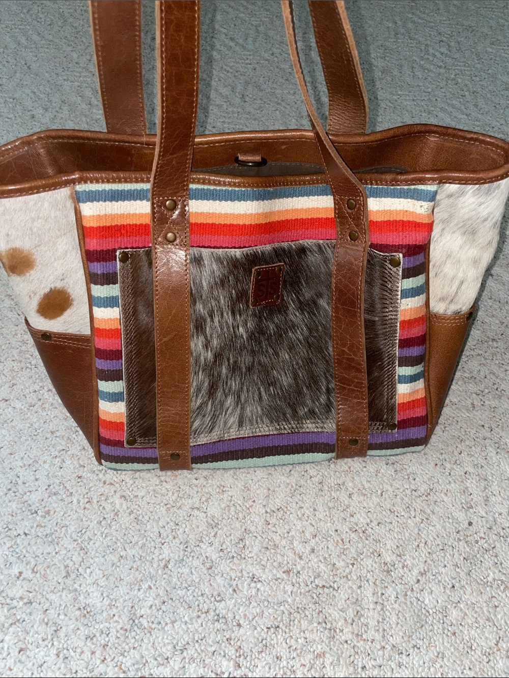 STS Ranchwear Brown Leather Tote with Multicolor Striped Panels